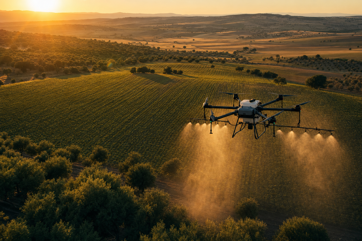 Dron agrícola fumigando cultivos en Extremadura al atardecer