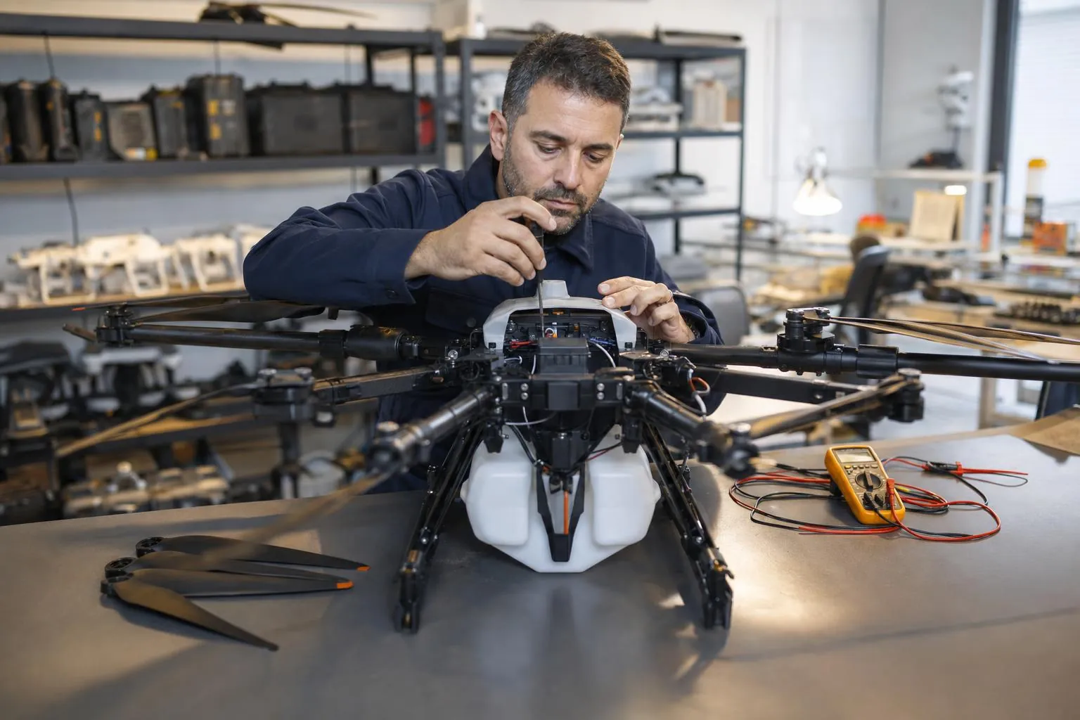 Técnico reparando un dron agrícola en el taller de FUMIDRONEXTREME
